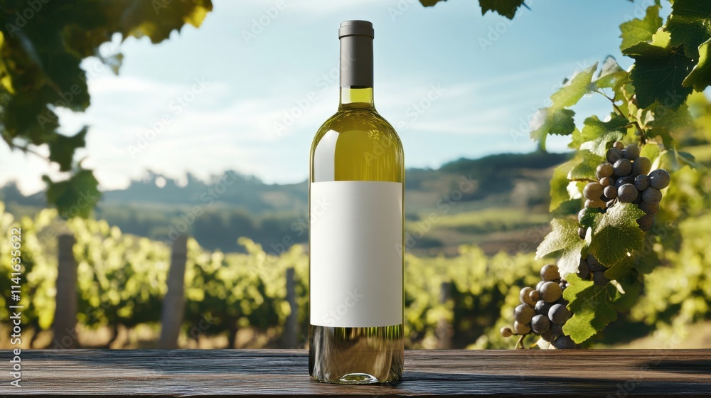 Obraz premium a bottle of wine sitting on a table in front of a vineyard