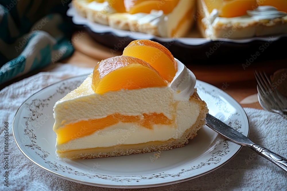 Fototapeta premium Pie apel utuh, tampilan atas, sepotong diambil dengan server kue krom