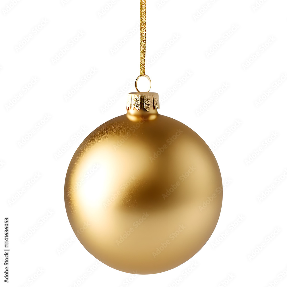 One matt golden Christmas ball with gold ribbon isolated on white background with clipping path, object for creative design One matt golden Christmas ball with gold ribbon isolated on white background with clipping path, object for creative design