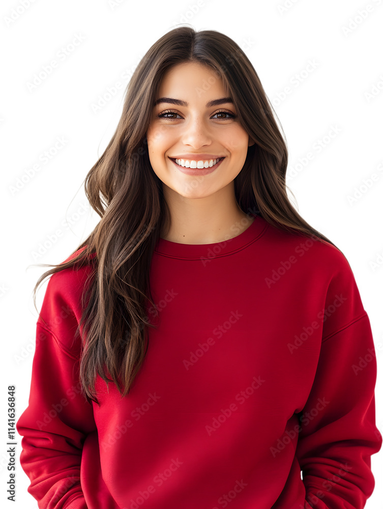 A happy, beautiful woman in a red sweatshirt, smiling at the camera, isolated on a transparent background. A happy, beautiful woman in a red sweatshirt, smiling at the camera, isolated on a transparent background.
