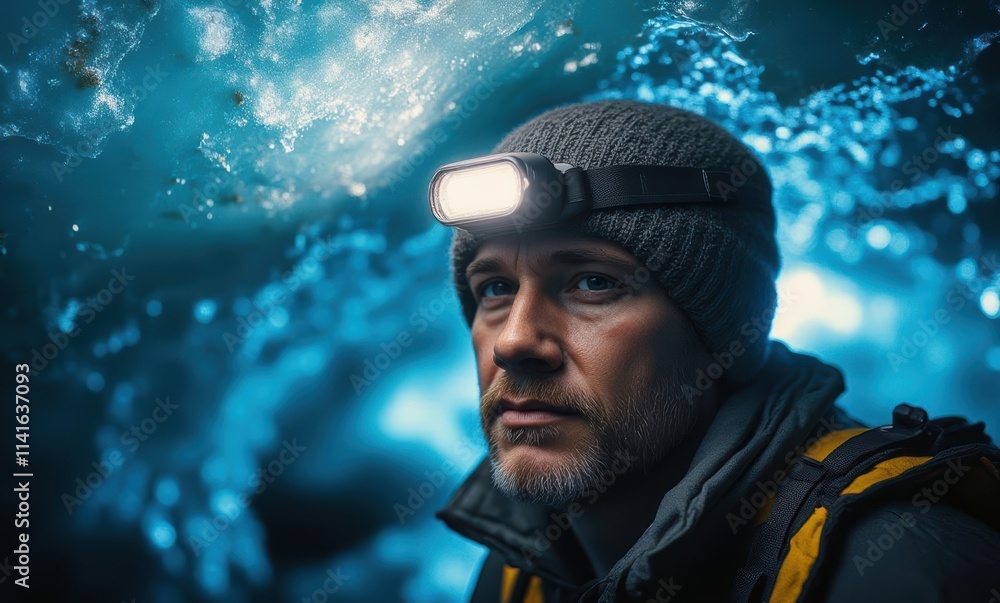 Man exploring icy cave with headlamp Man exploring icy cave with headlamp