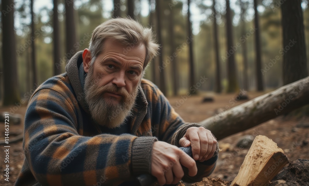 Bearded man crafting wood in the forest. Bearded man crafting wood in the forest.