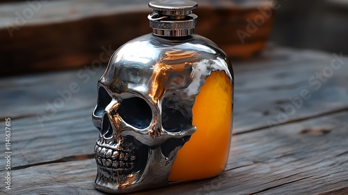 A skull shaped flask with a gleaming silver surface and orange drink inside photo