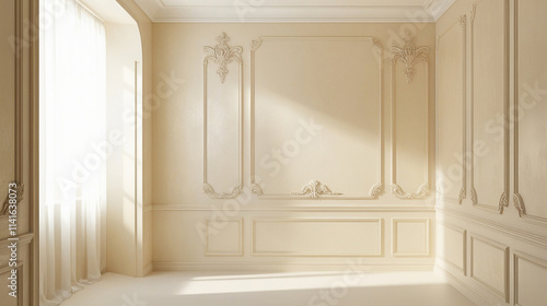 Fototapeta Naklejka Na Ścianę i Meble -  Contemporary beige white bright empty interior with wall panel and moldings