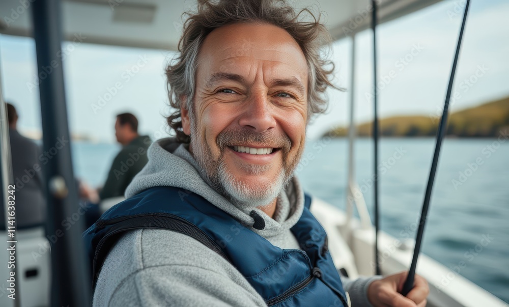 Smiling middle-aged man fishing on a boat Smiling middle-aged man fishing on a boat