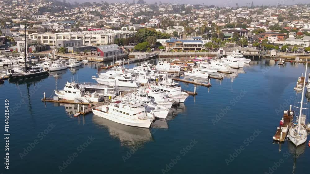 Aerial view of sportfishing boats docked in San Diego Bay Aerial view of sportfishing boats docked in San Diego Bay