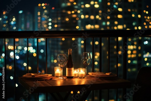 Romantic dinner setup with sparkling city lights in the background at night photo