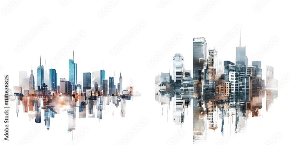 Obraz premium Modern City illustration isolated at white with space for text. Success in business, international corporations, Skyscrapers, banks and office buildings. Generative AI.