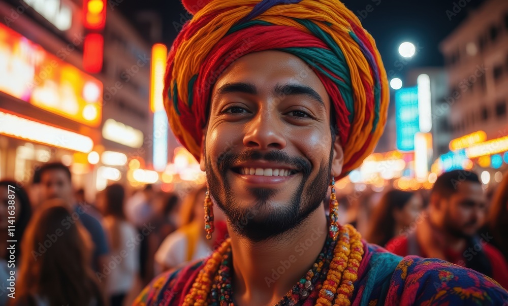 Smiling man in vibrant attire at night market Smiling man in vibrant attire at night market