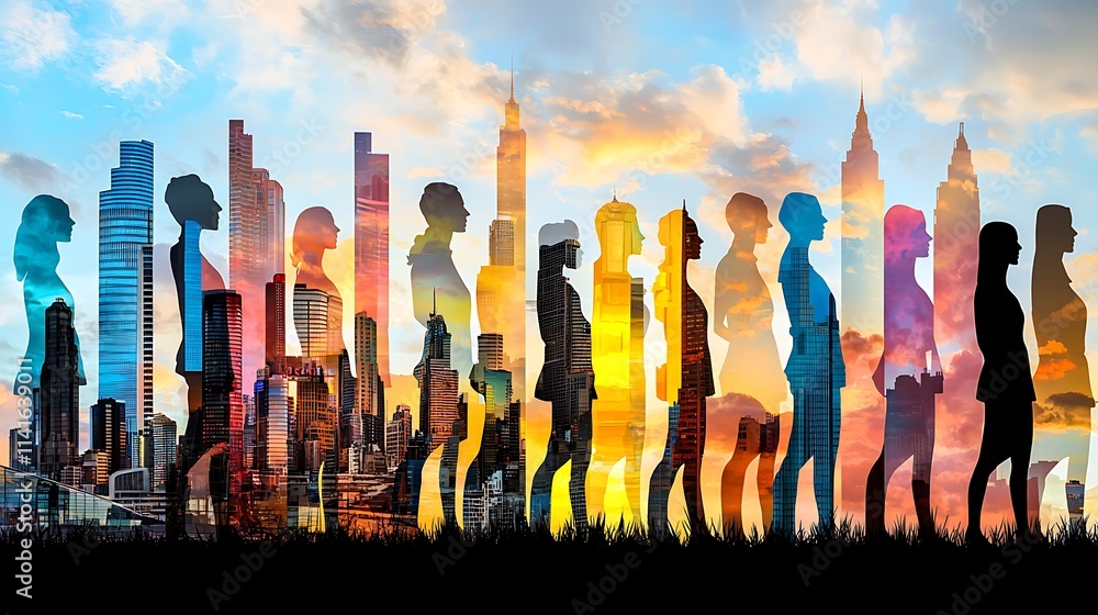 Diverse Women Cityscape Silhouette Teamwork Sunset Diverse Women Cityscape Silhouette Teamwork Sunset
