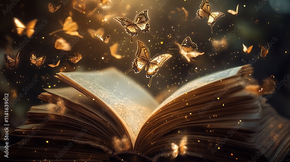 Magical open book with butterflies and golden sparkles. Magical open book with butterflies and golden sparkles.