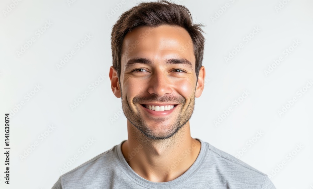Smiling young Caucasian man in gray shirt Smiling young Caucasian man in gray shirt