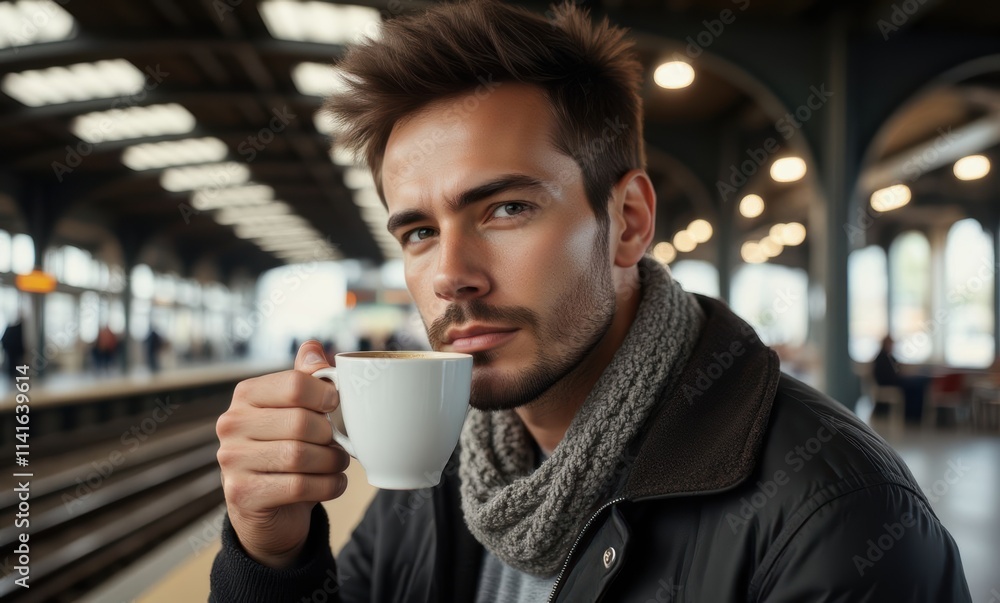 Casual man drinks coffee at station Casual man drinks coffee at station