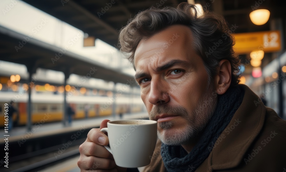 Pensive man enjoying coffee at station Pensive man enjoying coffee at station
