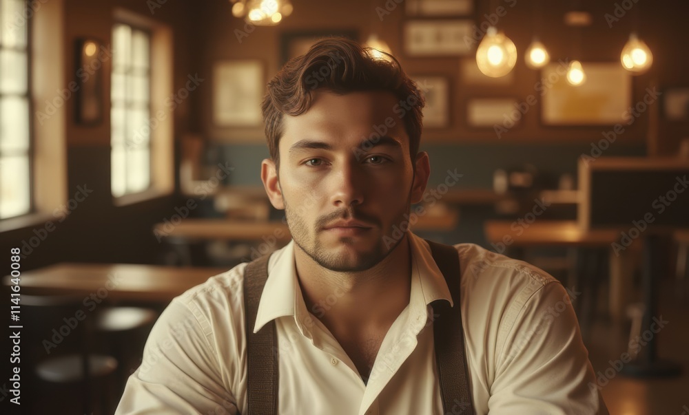 Serious young Caucasian man in a café Serious young Caucasian man in a café