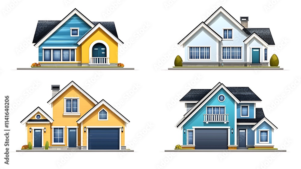Fototapeta premium Colorful Suburban Houses Real Estate Icons Set
