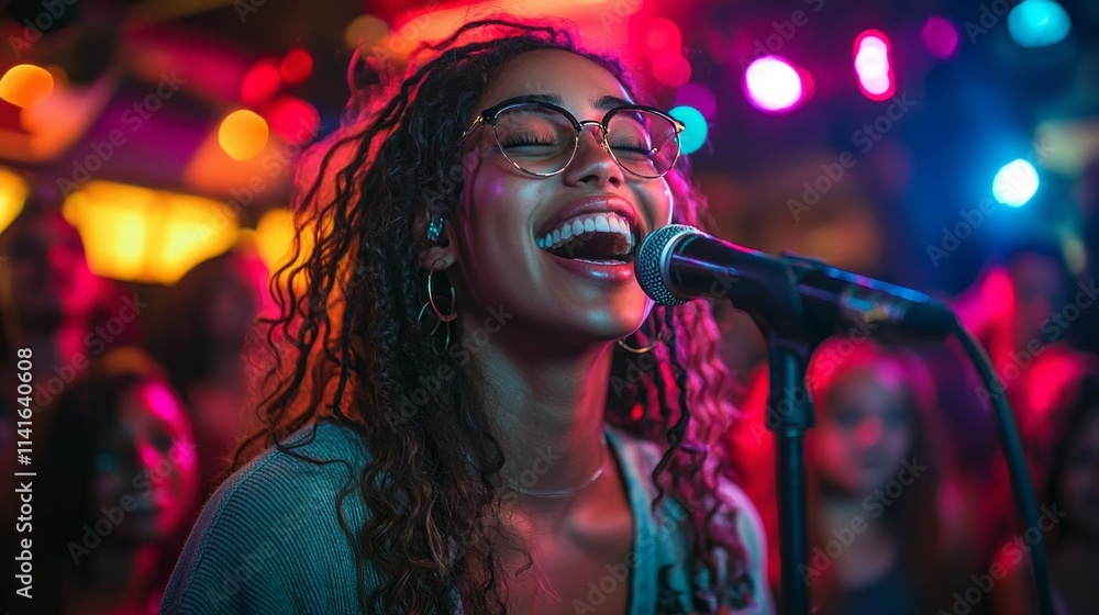 A woman singing into a microphone A woman singing into a microphone