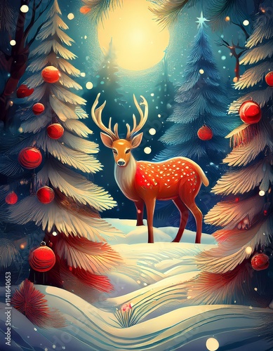 Festive Christmas Forest with Happy Deer, Ornaments, and Snow photo