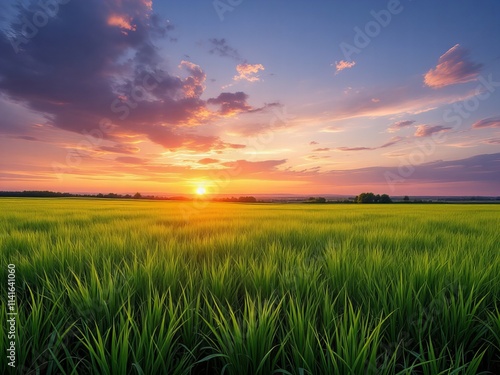 Scenic Green Field at Sunset, Vibrant Grassland Under Colorful Sky, Nature Landscape, Peaceful Countryside, Agricultural Scene, Rural Serenity