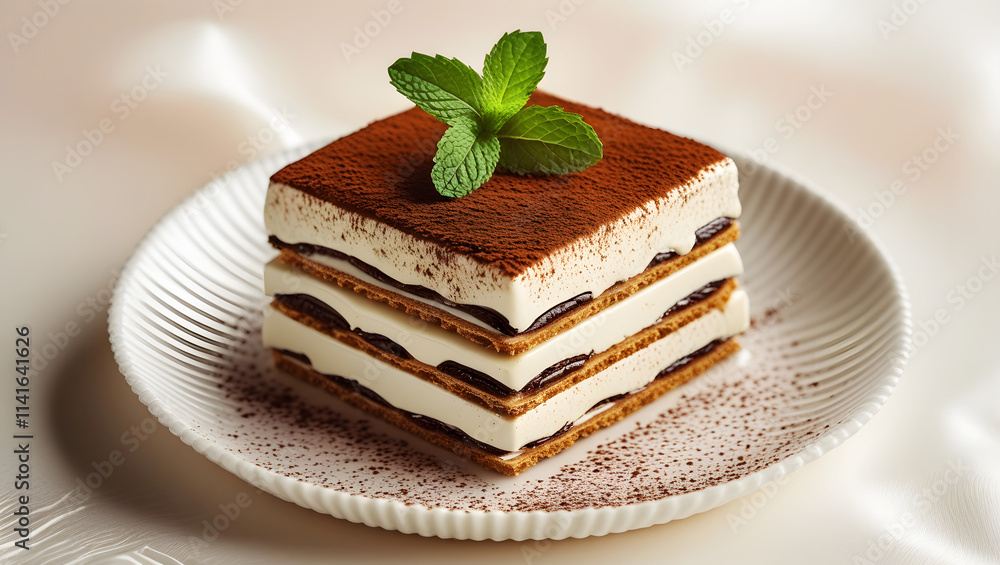 Delicate Tiramisu on White Plate Delicate Tiramisu on White Plate