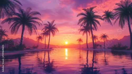 Desert oasis at sunset, palm trees, glowing water, dreamy and tranquil atmosphere