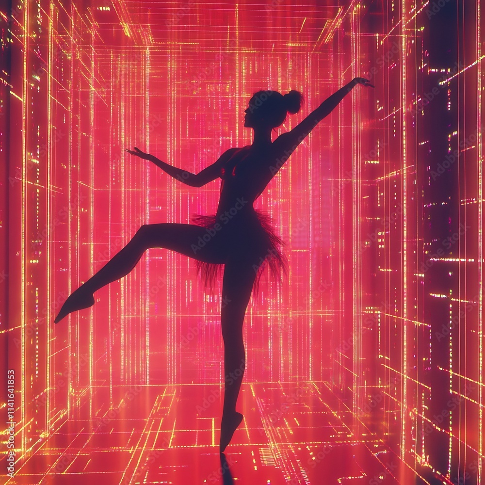 Vibrant Silhouette Dancer in Futuristic Digital Neon Tunnel Vibrant Silhouette Dancer in Futuristic Digital Neon Tunnel