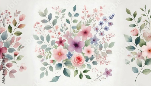 A soft and elegant watercolor painting of flowers and leaves in a harmonious pastel palette, ideal for high-end fashion campaigns, beauty product branding, or sophisticated wedding decor.