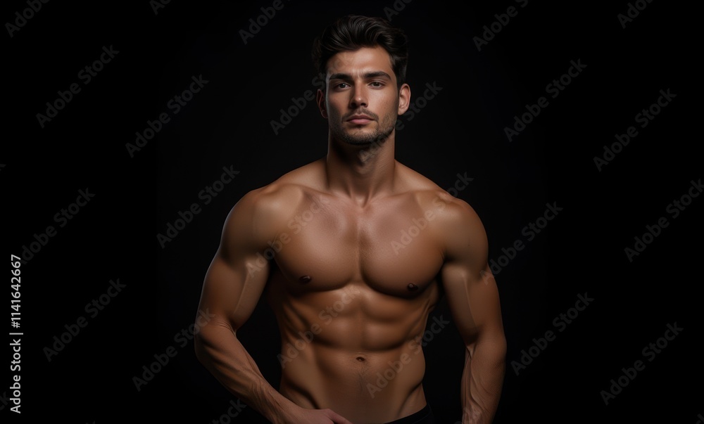 Muscular man posing confidently in dark setting Muscular man posing confidently in dark setting
