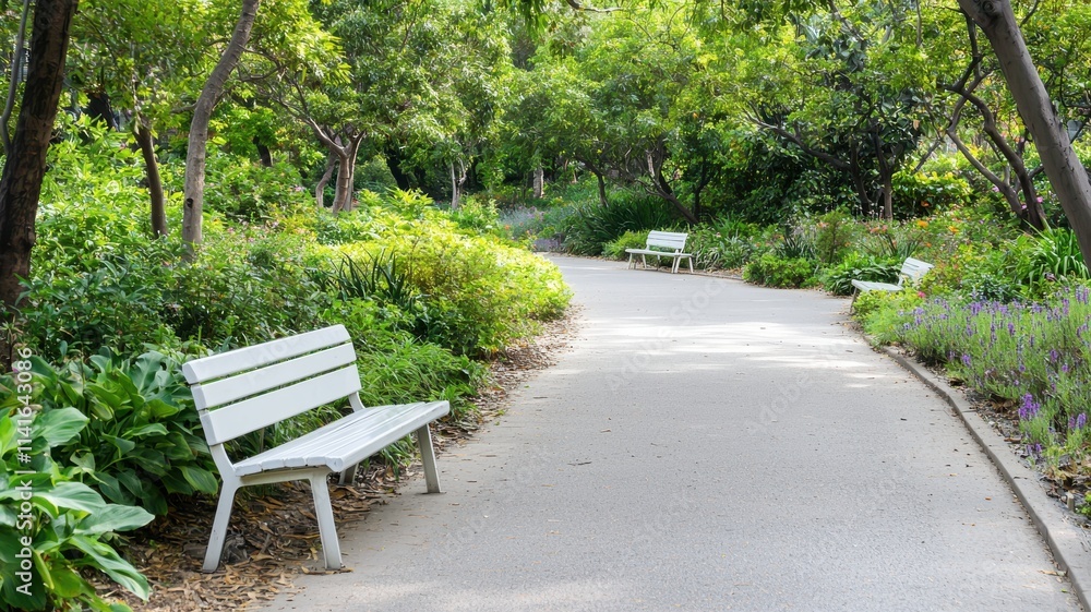 A serene park pathway lined with lush greenery and white benches, inviting relaxation in a natural setting. A serene park pathway lined with lush greenery and white benches, inviting relaxation in a natural setting.