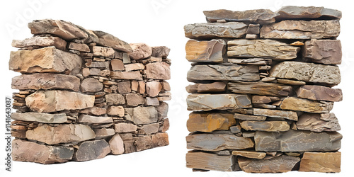 Old ancient stone wall isolated on a white background. Generative AI.