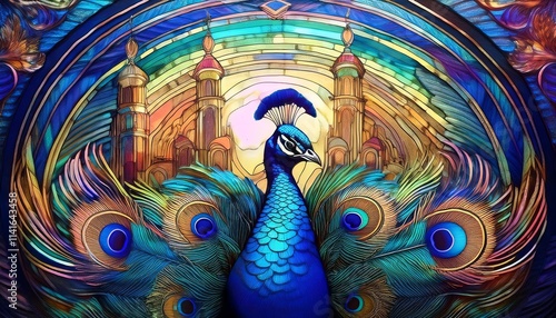 Beautiful Peacock with Intricately Detailed Long Tail and Feathers in Stained Glass photo