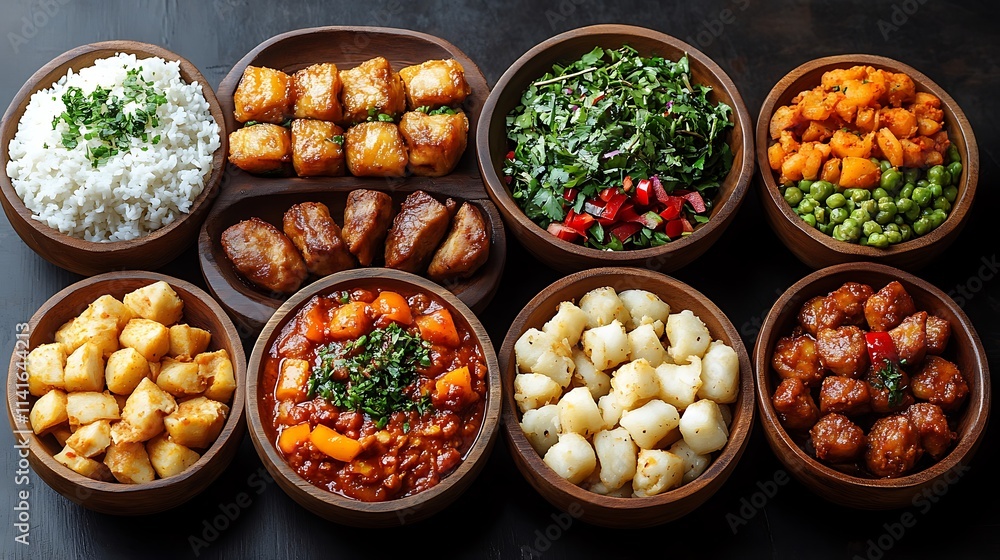 Diverse healthy meal with rice, vegetables, tofu, and meat. Diverse healthy meal with rice, vegetables, tofu, and meat.