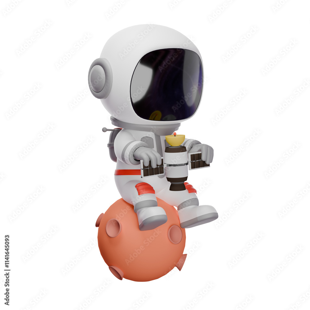 Charming Chibi Astronaut 3D Model. A chibi astronaut sits on a round moon holding a satellite in both hands. Cartoon Design Charming Chibi Astronaut 3D Model. A chibi astronaut sits on a round moon holding a satellite in both hands. Cartoon Design