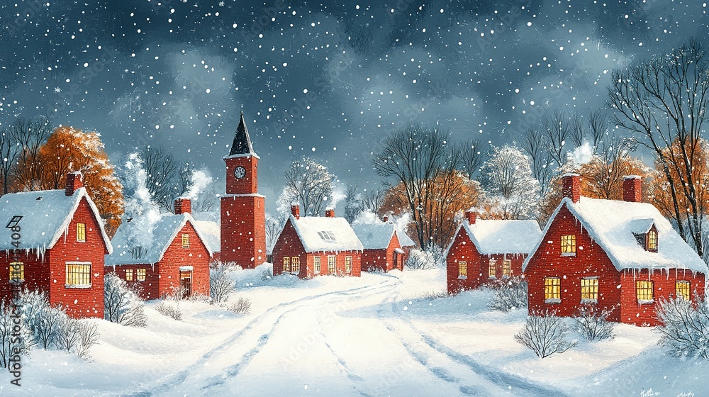 Fototapeta premium A Snowy Village Scene With A Brick Clock Tower