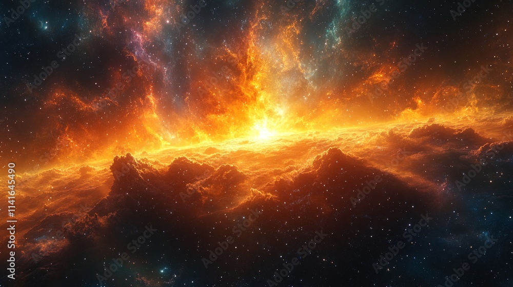 Fototapeta premium Fiery nebula, cosmic clouds, stellar expanse.