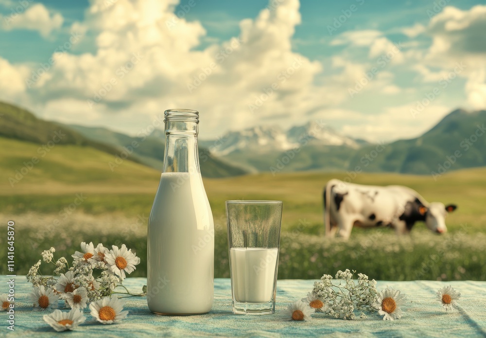 Refreshing Milk in Bottle and Glass in Beautiful Meadow with Cow and Mountains under Bright Blue Sky and Fluffy Clouds Refreshing Milk in Bottle and Glass in Beautiful Meadow with Cow and Mountains under Bright Blue Sky and Fluffy Clouds