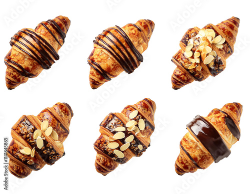 Top-down View of Decorated Croissants: Dark Chocolate, Almonds, and Icing Sugar