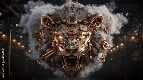 Steampunk lion head, metallic, gears, smoke, industrial background. photo