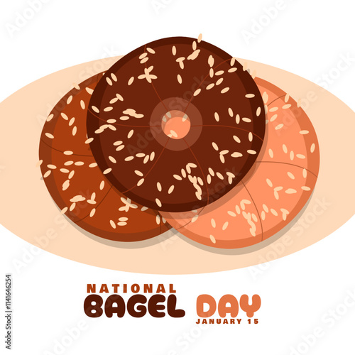 National Bagel Day to celebrate on January 15th. Three bagels topped with sesame seeds on white background. Food event banner.