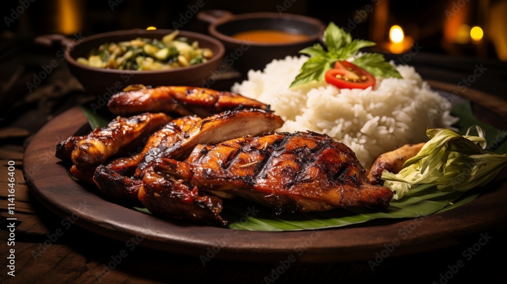 Thai BBQ chicken served with sticky rice, space in the center, Ambient Light setup,generative ai illustration Thai BBQ chicken served with sticky rice, space in the center, Ambient Light setup,generative ai illustration