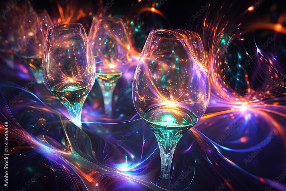 New Year Toast With Champagne Glasses And Golden Fireworks New Year Toast With Champagne Glasses And Golden Fireworks