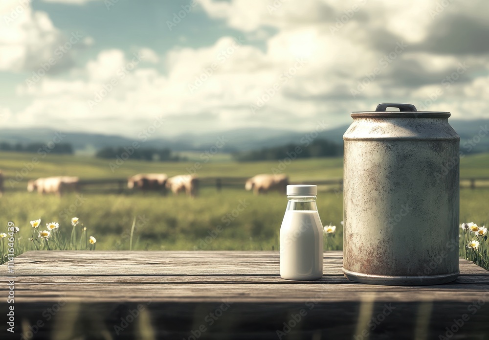 Rustic Still Life of Fresh Milk in a Glass Bottle Next to a Vintage Milk Can Surrounded by Lush Green Fields and Cows in the Background on a Sunny Day Rustic Still Life of Fresh Milk in a Glass Bottle Next to a Vintage Milk Can Surrounded by Lush Green Fields and Cows in the Background on a Sunny Day