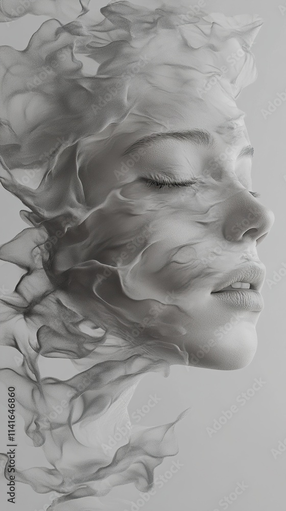 Abstract Monochrome Portrait: Serene Woman in Smoke Abstract Monochrome Portrait: Serene Woman in Smoke