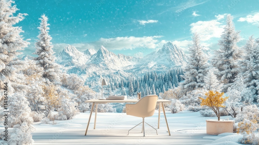 A beautiful winter landscape with snow-covered trees and mountains, complemented by a desk with free space for product placement or holiday-themed campaigns. A beautiful winter landscape with snow-covered trees and mountains, complemented by a desk with free space for product placement or holiday-themed campaigns.