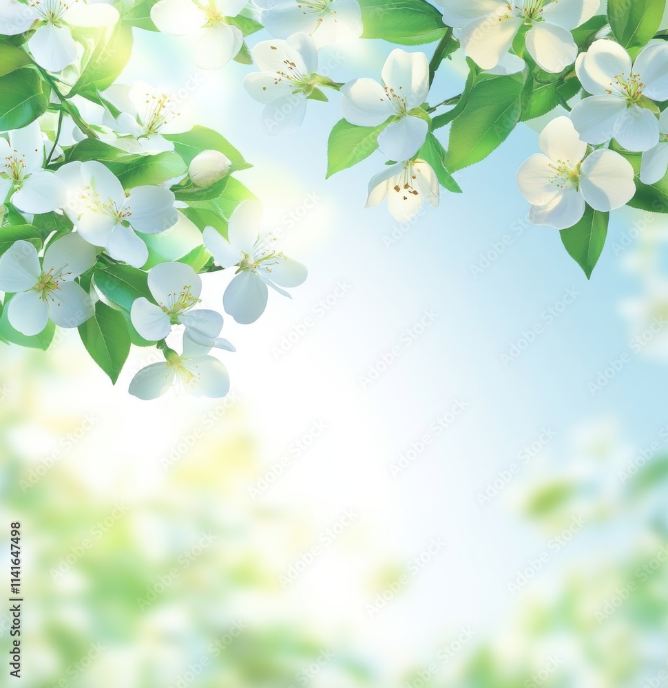 Fototapeta premium Serene Blossom Background with White Flowers and Lush Green Leaves Set Against a Soft Blue Sky Ideal for Springtime Themes and Floral Designs