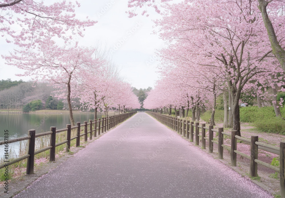 Serene Cherry Blossom Pathway with Lush Pink Trees Alongside a Calm Body of Water in a Tranquil Spring Landscape Serene Cherry Blossom Pathway with Lush Pink Trees Alongside a Calm Body of Water in a Tranquil Spring Landscape