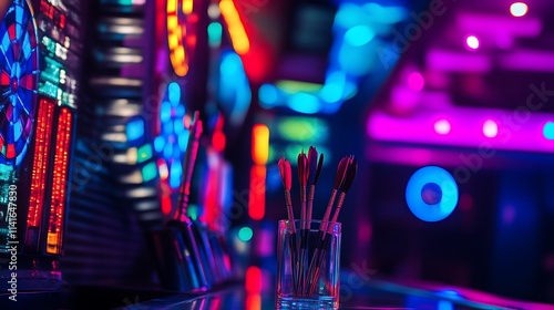 Detail of a vibrant fluorescent bar night backdrop and narrow attention to a set of darts photo