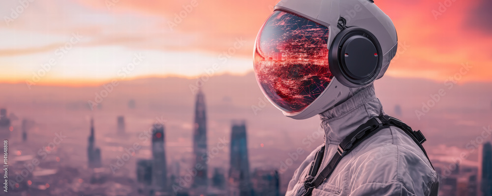 A futuristic astronaut stands against a vibrant city skyline at sunset, with a reflective helmet showcasing a stunning view of the urban landscape. A futuristic astronaut stands against a vibrant city skyline at sunset, with a reflective helmet showcasing a stunning view of the urban landscape.