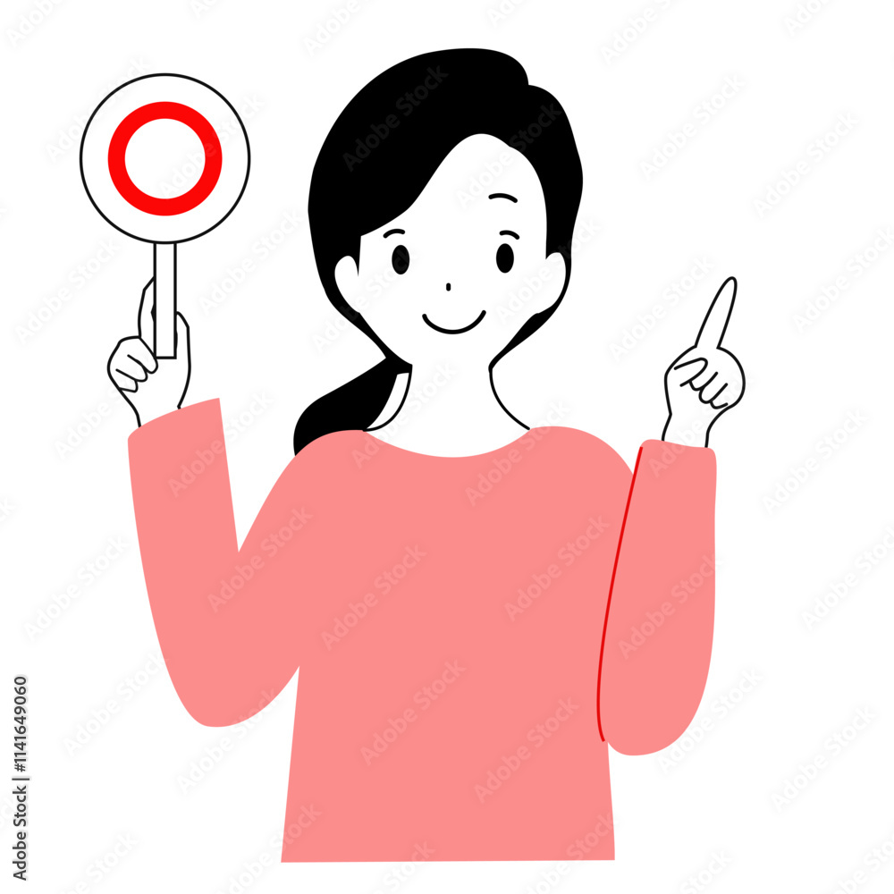 Illustration of a young woman holding a round bill. Illustration of a young woman holding a round bill.