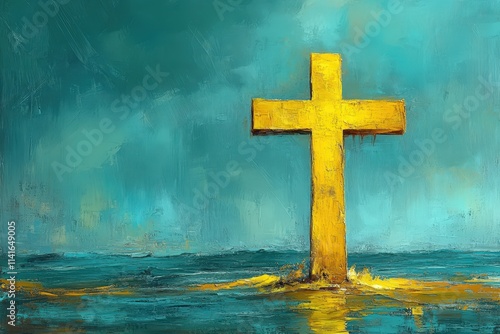 A vibrant yellow cross stands tall against a serene blue background, symbolizing hope and faith amidst calm waters.
